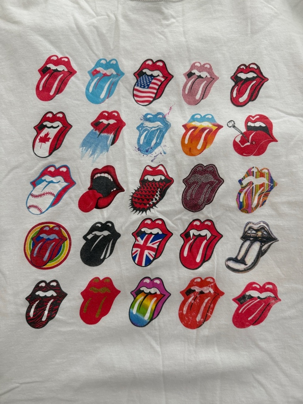 the Rolling Stones White Tee with Multicolor Tongue Grid